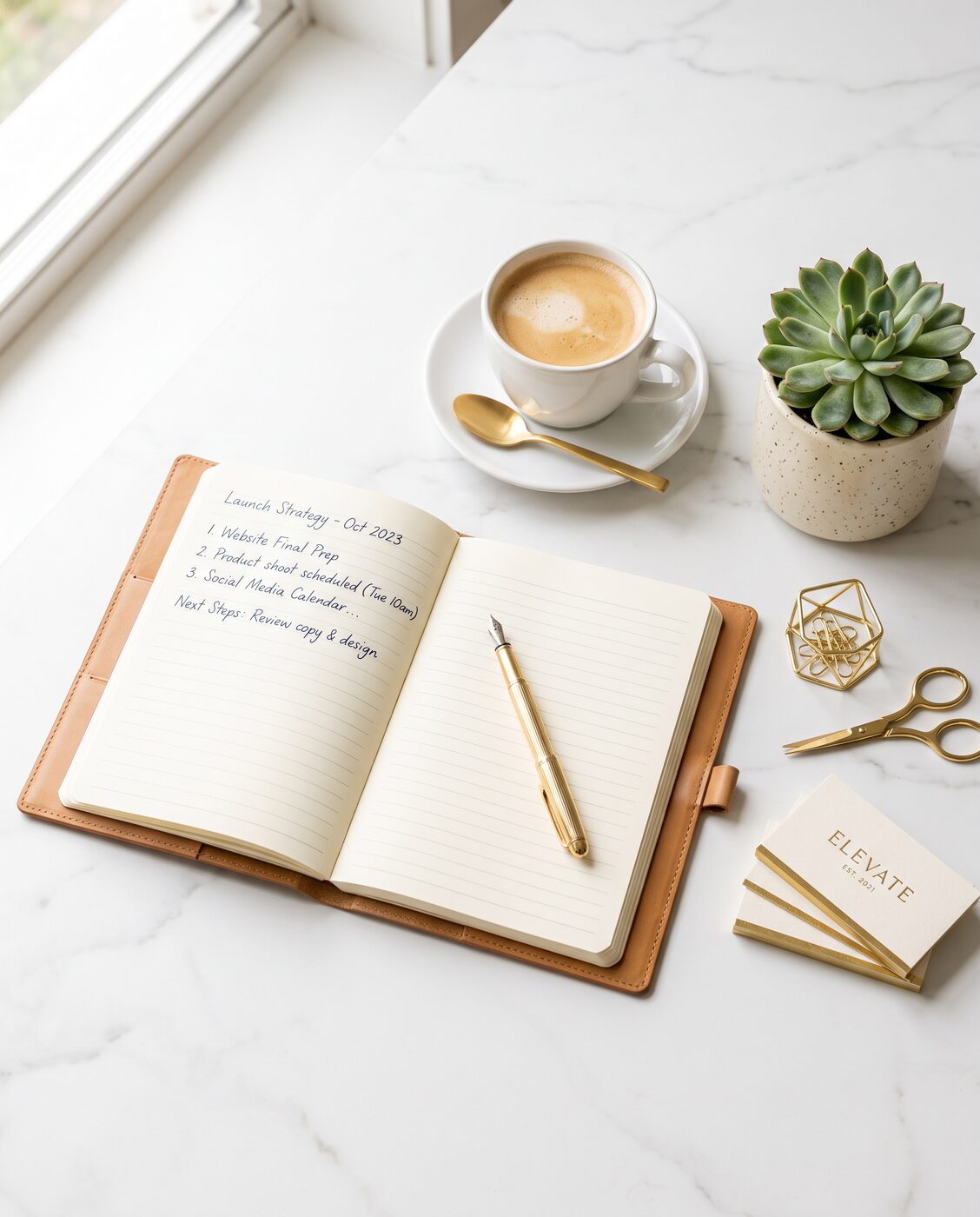 An elegant entrepreneur's workspace with a leather journal, gold pen and coffee in warm daylight