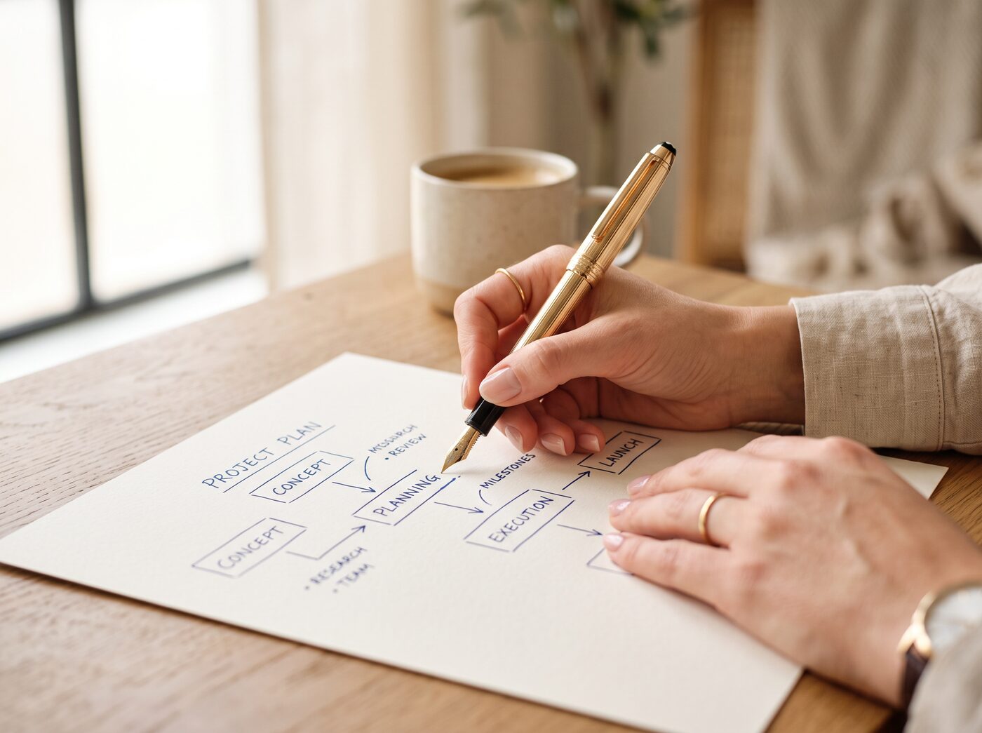 Hands sketching a project roadmap on paper with a gold pen in warm daylight
